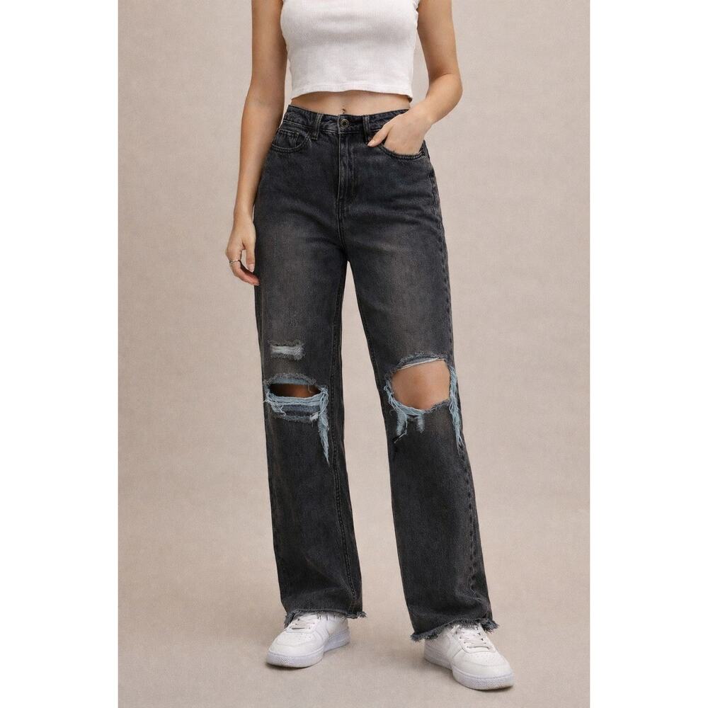 PTCL Ethical Clothing Straight Jeans Women's 26 Black Denim Distressed Raw Hem